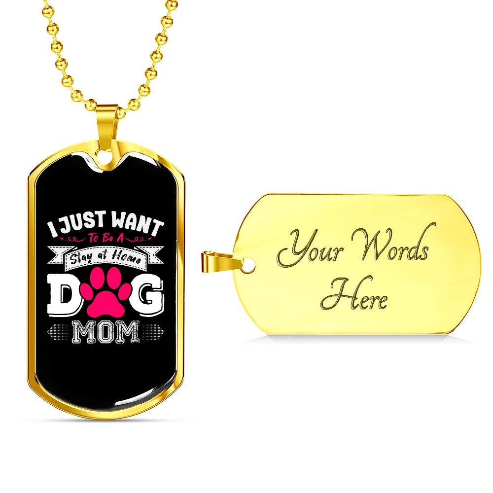 Just Dog Mom Personalized Engraved Gold Dog Tag Necklace Custom Name Date Gift
